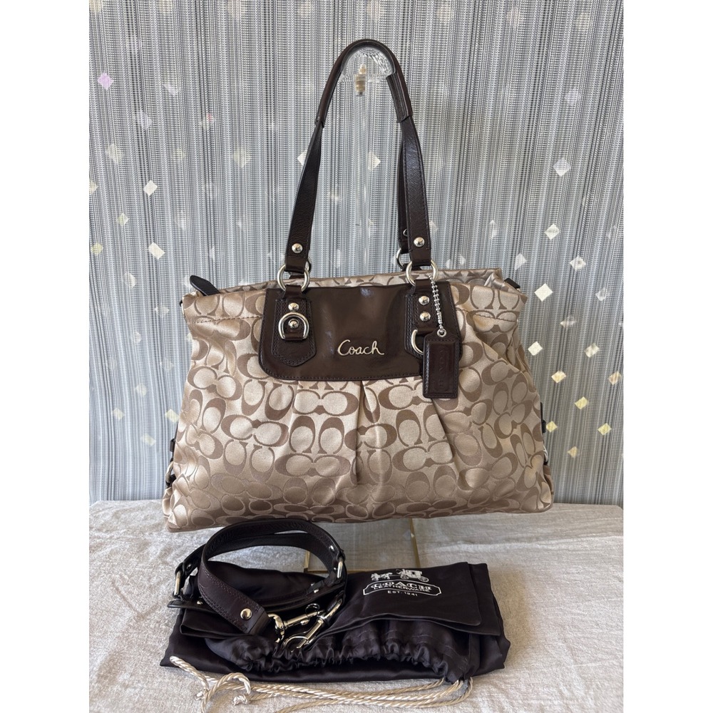 Coach Ashley Signature Satchel Khaki Mahogany Leather Shoulder Bag 14305
